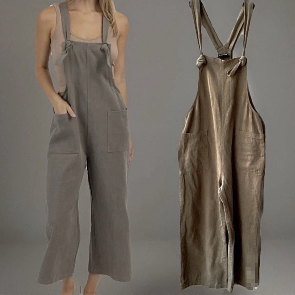 Miou Muse Linen/Cotton Khaki Green Cropped Wide Leg Jumpsuit Overalls, Small